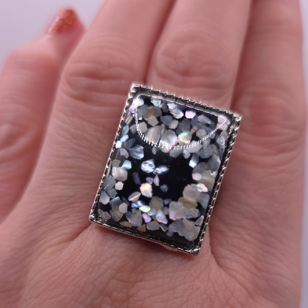 Statement Silvertone Ring with Acrylic Cabochon